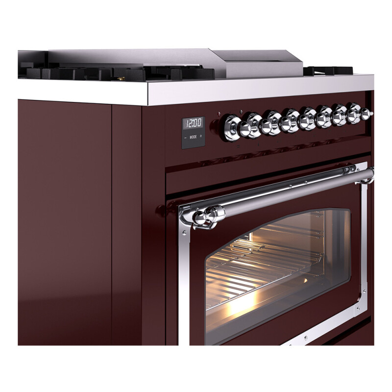 Nostalgie II Noblesse 36″ Dual Fuel Range (Natural Gas, Triple Glass Door, Burgundy, Chrome) UN36FNMPBUC