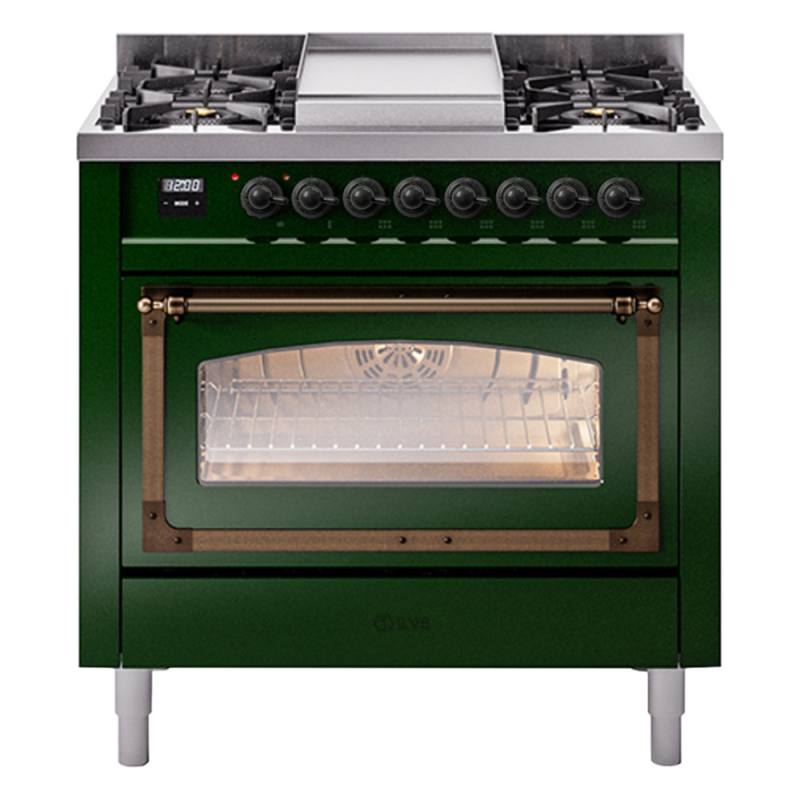 Nostalgie II Noblesse 36″ Dual Fuel Range (Natural Gas, Triple Glass Door, Emerald Green, Burnished) UN36FNMPEGB
