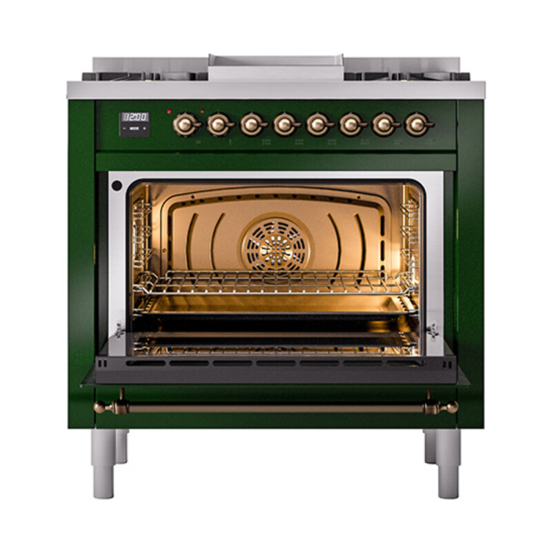 Nostalgie II Noblesse 36″ Dual Fuel Range (Natural Gas, Triple Glass Door, Emerald Green, Burnished) UN36FNMPEGB