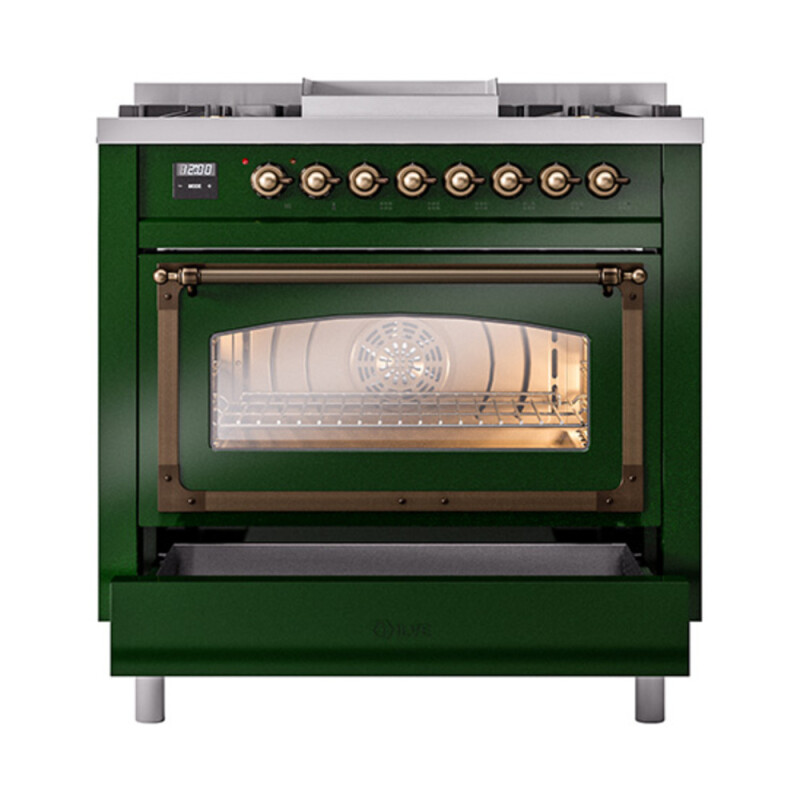 Nostalgie II Noblesse 36″ Dual Fuel Range (Natural Gas, Triple Glass Door, Emerald Green, Burnished) UN36FNMPEGB