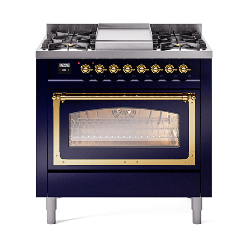 Nostalgie II Noblesse 36″ Dual Fuel Range (Natural Gas, Triple Glass Door, Midnight Blue, Brass) UN36FNMPMBG