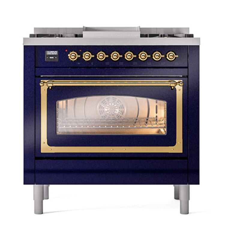 Nostalgie II Noblesse 36″ Dual Fuel Range (Natural Gas, Triple Glass Door, Midnight Blue, Brass) UN36FNMPMBG