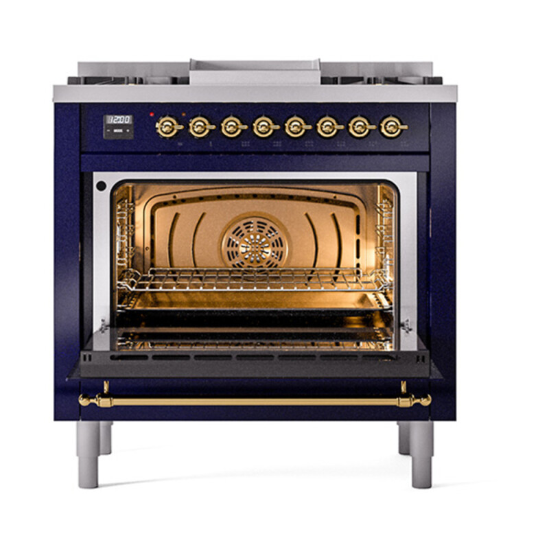 Nostalgie II Noblesse 36″ Dual Fuel Range (Natural Gas, Triple Glass Door, Midnight Blue, Brass) UN36FNMPMBG