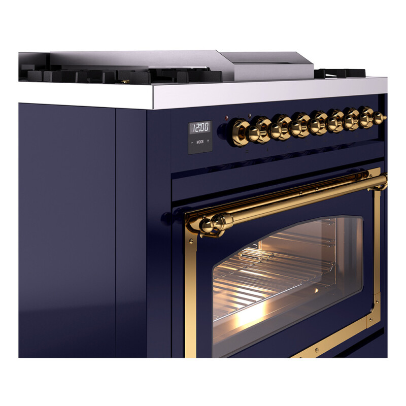 Nostalgie II Noblesse 36″ Dual Fuel Range (Natural Gas, Triple Glass Door, Midnight Blue, Brass) UN36FNMPMBG