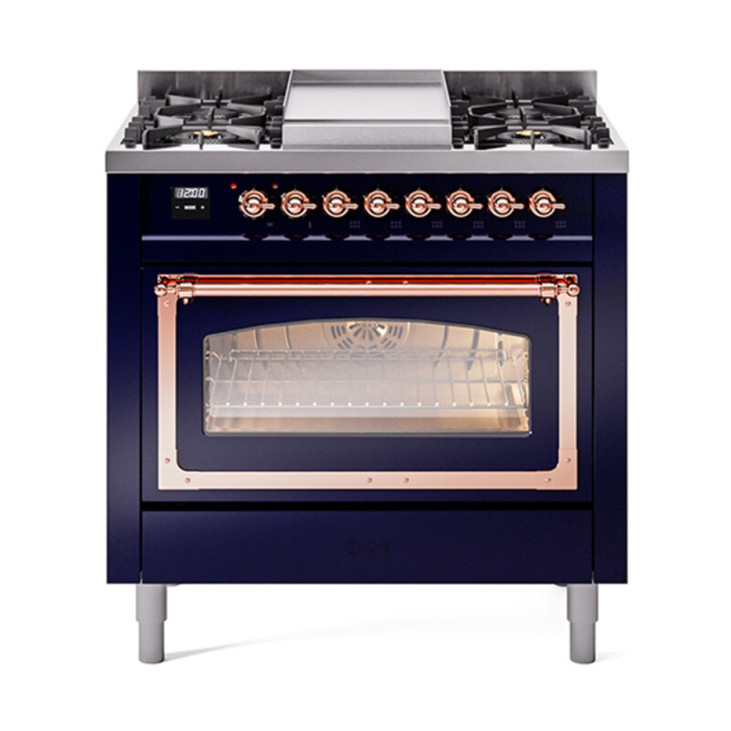 Nostalgie II Noblesse 36″ Dual Fuel Range (Natural Gas, Triple Glass Door, Midnight Blue, Copper) UN36FNMPMBP