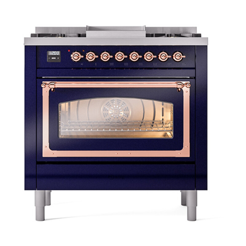 Nostalgie II Noblesse 36″ Dual Fuel Range (Natural Gas, Triple Glass Door, Midnight Blue, Copper) UN36FNMPMBP