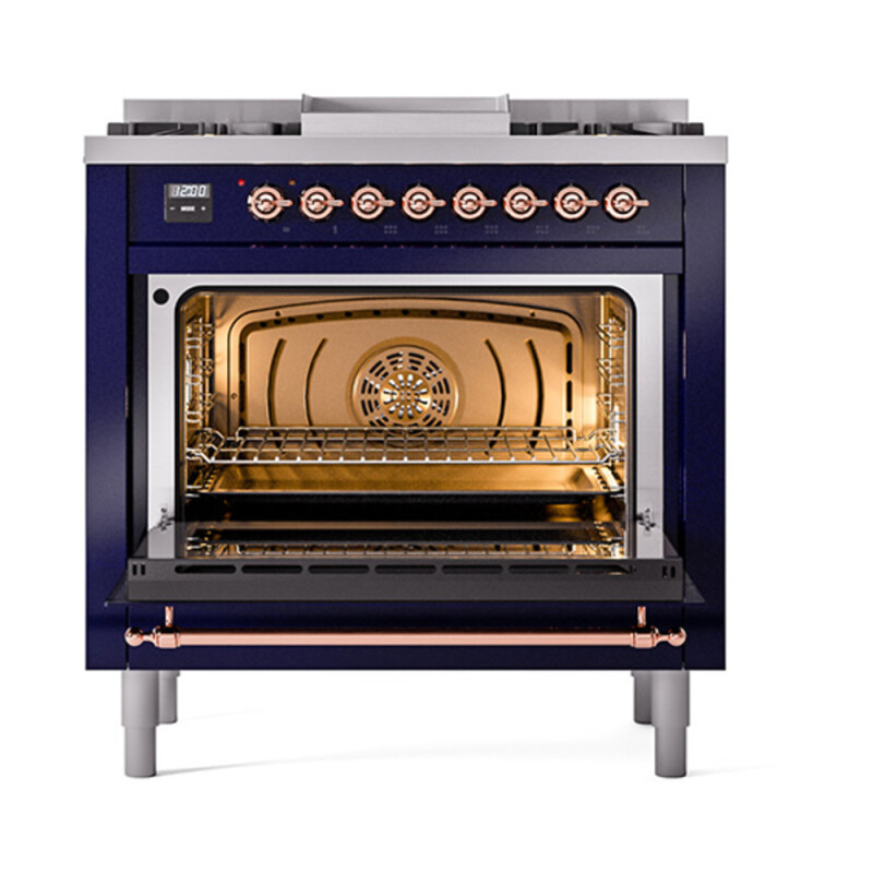 Nostalgie II Noblesse 36″ Dual Fuel Range (Natural Gas, Triple Glass Door, Midnight Blue, Copper) UN36FNMPMBP