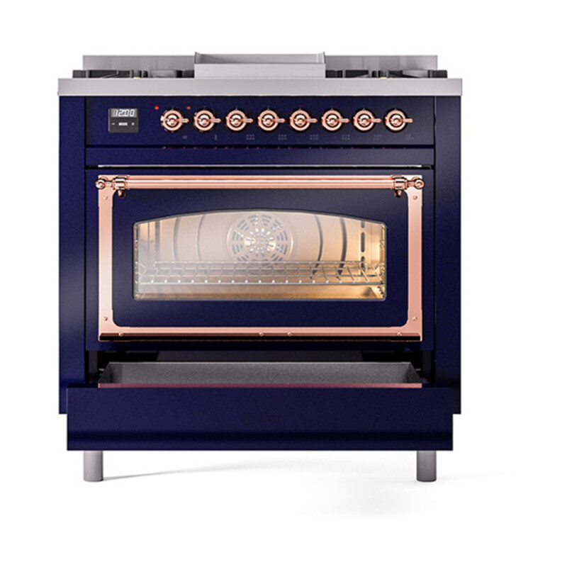 Nostalgie II Noblesse 36″ Dual Fuel Range (Natural Gas, Triple Glass Door, Midnight Blue, Copper) UN36FNMPMBP