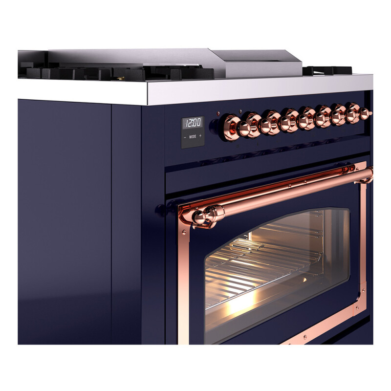 Nostalgie II Noblesse 36″ Dual Fuel Range (Natural Gas, Triple Glass Door, Midnight Blue, Copper) UN36FNMPMBP