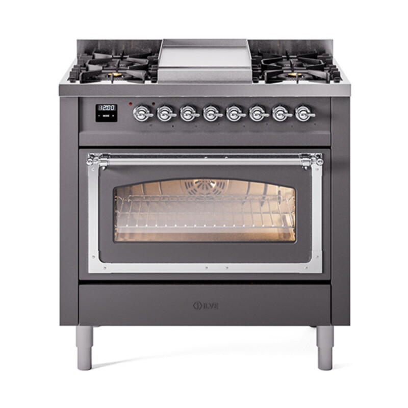 Nostalgie II Noblesse 36″ Dual Fuel Range (Natural Gas, Triple Glass Door, Graphite Matte, Chrome) UN36FNMPMGC
