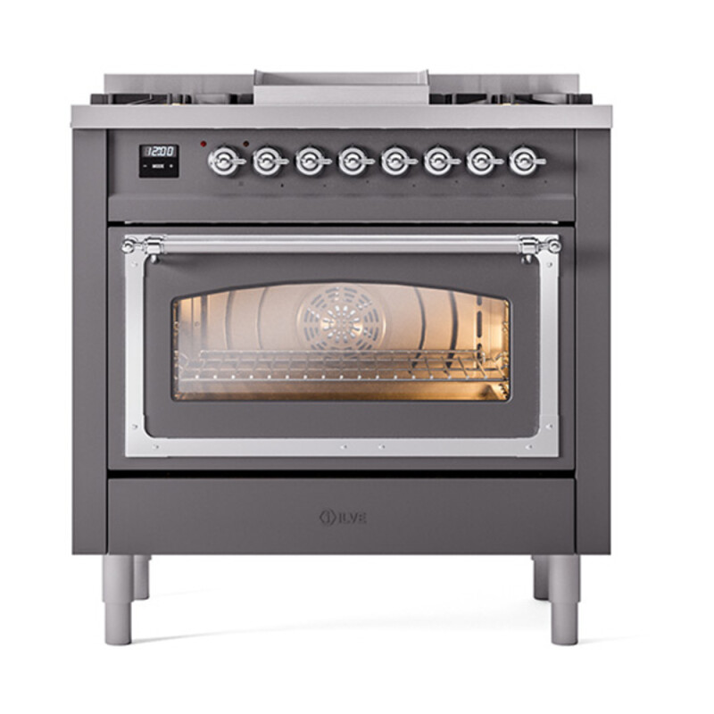 Nostalgie II Noblesse 36″ Dual Fuel Range (Natural Gas, Triple Glass Door, Graphite Matte, Chrome) UN36FNMPMGC