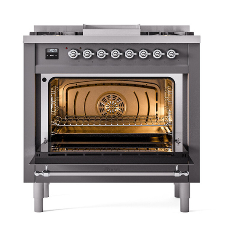 Nostalgie II Noblesse 36″ Dual Fuel Range (Natural Gas, Triple Glass Door, Graphite Matte, Chrome) UN36FNMPMGC