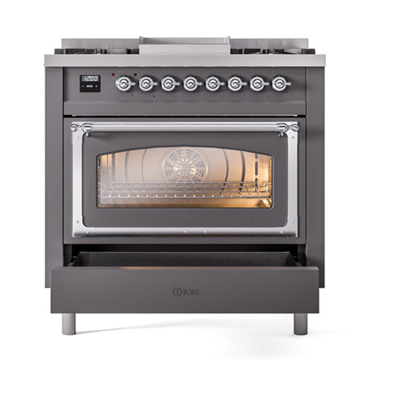 Nostalgie II Noblesse 36″ Dual Fuel Range (Natural Gas, Triple Glass Door, Graphite Matte, Chrome) UN36FNMPMGC