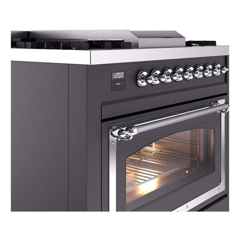 Nostalgie II Noblesse 36″ Dual Fuel Range (Natural Gas, Triple Glass Door, Graphite Matte, Chrome) UN36FNMPMGC