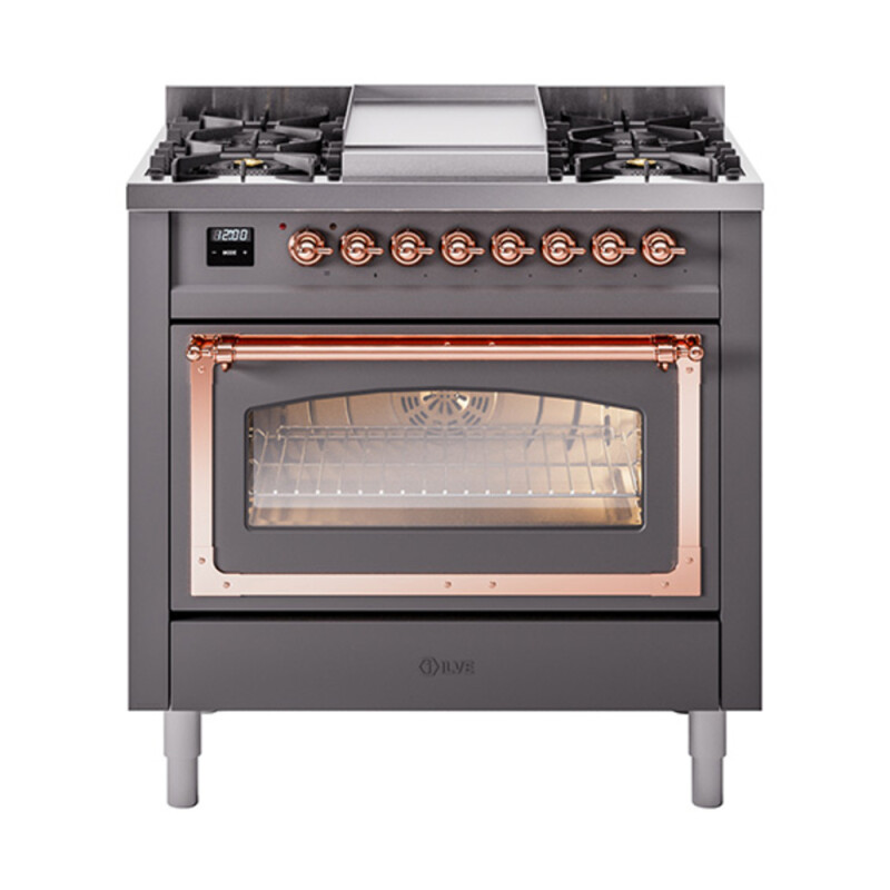 Nostalgie II Noblesse 36″ Dual Fuel Range (Natural Gas, Triple Glass Door, Graphite Matte, Copper) UN36FNMPMGP