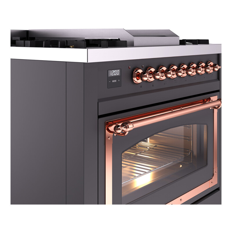 Nostalgie II Noblesse 36″ Dual Fuel Range (Natural Gas, Triple Glass Door, Graphite Matte, Copper) UN36FNMPMGP