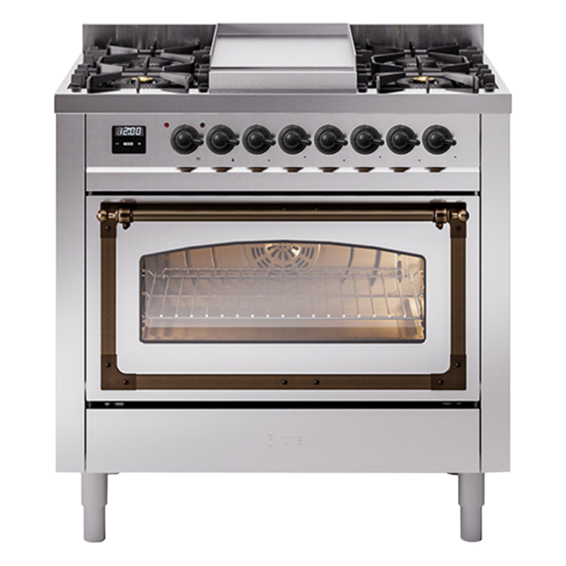 Nostalgie II Noblesse 36″ Dual Fuel Range (Natural Gas, Triple Glass Door, Stainless Steel, Burnished) UN36FNMPSSB
