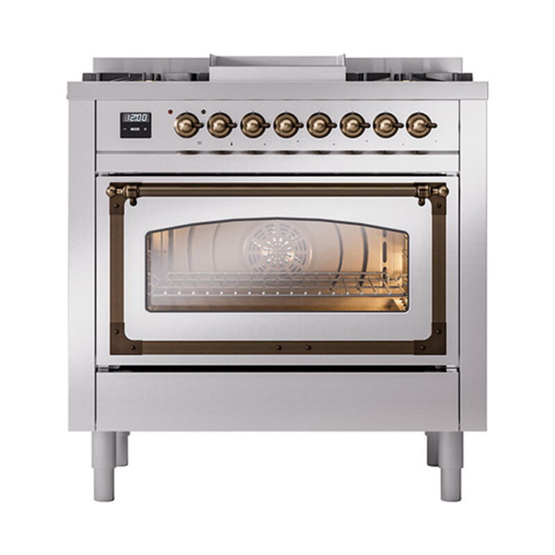 Nostalgie II Noblesse 36″ Dual Fuel Range (Natural Gas, Triple Glass Door, Stainless Steel, Burnished) UN36FNMPSSB