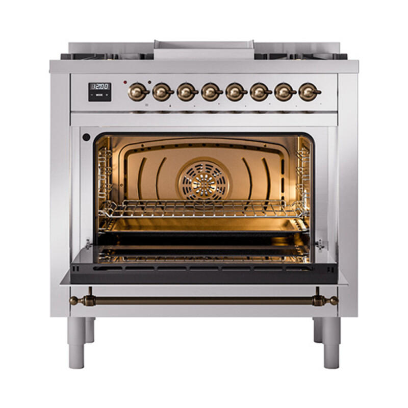 Nostalgie II Noblesse 36″ Dual Fuel Range (Natural Gas, Triple Glass Door, Stainless Steel, Burnished) UN36FNMPSSB