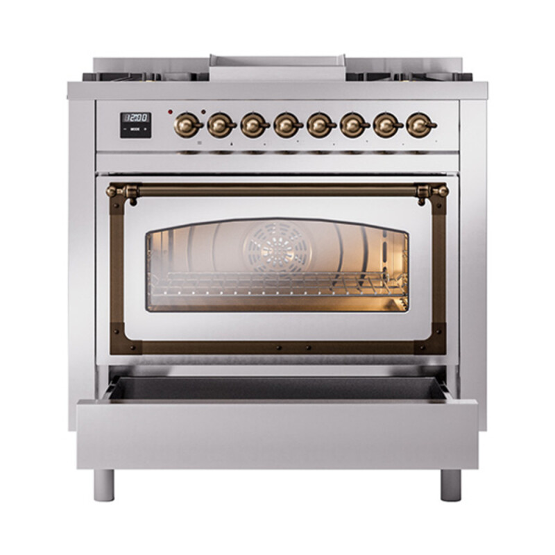 Nostalgie II Noblesse 36″ Dual Fuel Range (Natural Gas, Triple Glass Door, Stainless Steel, Burnished) UN36FNMPSSB