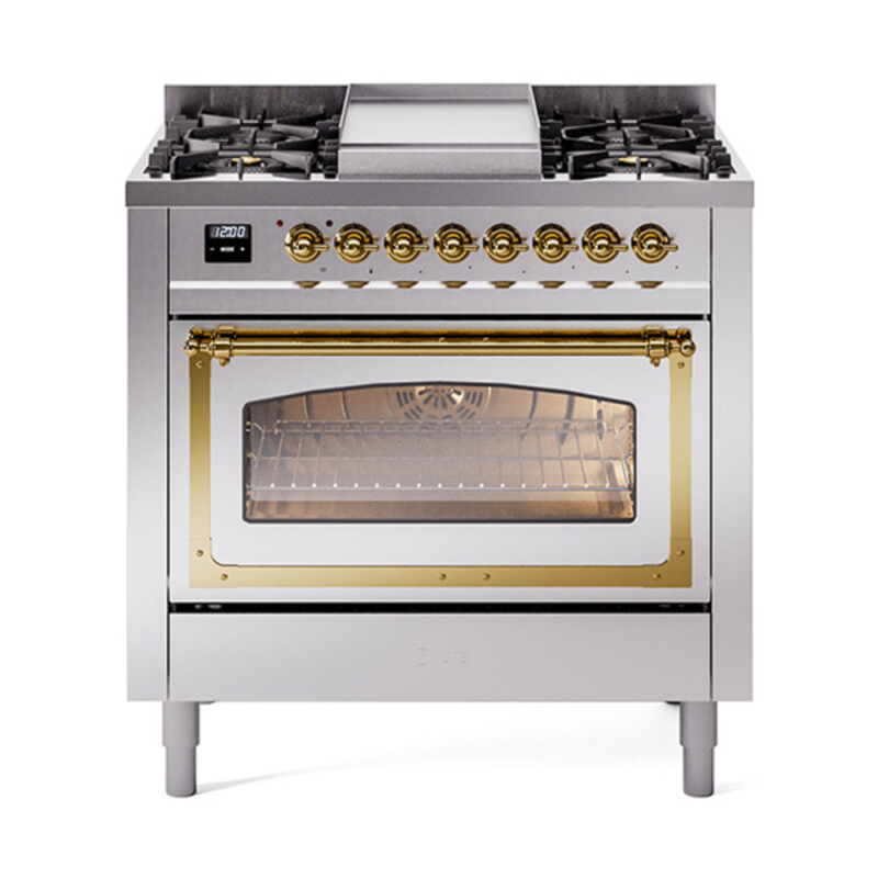 Nostalgie II Noblesse 36″ Dual Fuel Range (Natural Gas, Triple Glass Door, Stainless Steel, Brass) UN36FNMPSSG