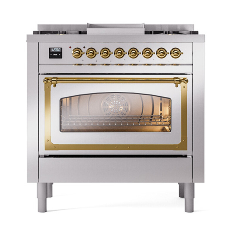 Nostalgie II Noblesse 36″ Dual Fuel Range (Natural Gas, Triple Glass Door, Stainless Steel, Brass) UN36FNMPSSG