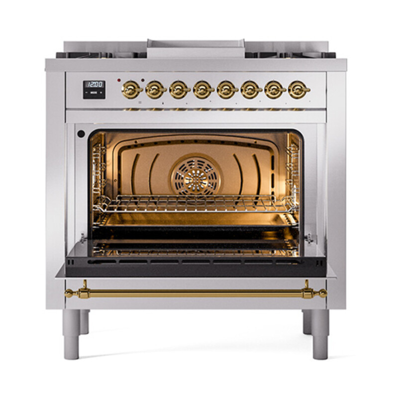 Nostalgie II Noblesse 36″ Dual Fuel Range (Natural Gas, Triple Glass Door, Stainless Steel, Brass) UN36FNMPSSG