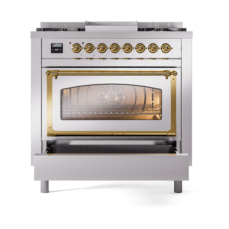 Nostalgie II Noblesse 36″ Dual Fuel Range (Natural Gas, Triple Glass Door, Stainless Steel, Brass) UN36FNMPSSG