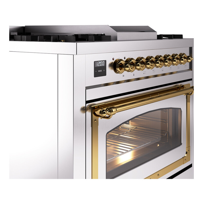 Nostalgie II Noblesse 36″ Dual Fuel Range (Natural Gas, Triple Glass Door, Stainless Steel, Brass) UN36FNMPSSG