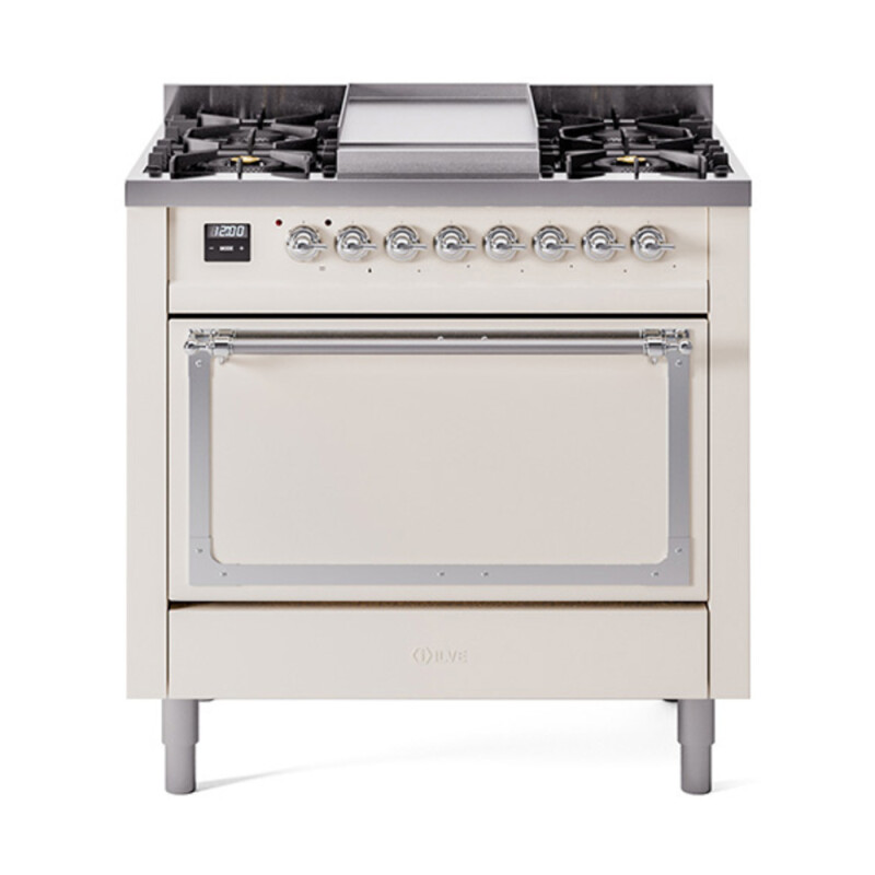 Nostalgie II Noblesse 36″ Dual Fuel Range (Natural Gas, Solid Door, Antique White, Chrome) UN36FQNMPAWC