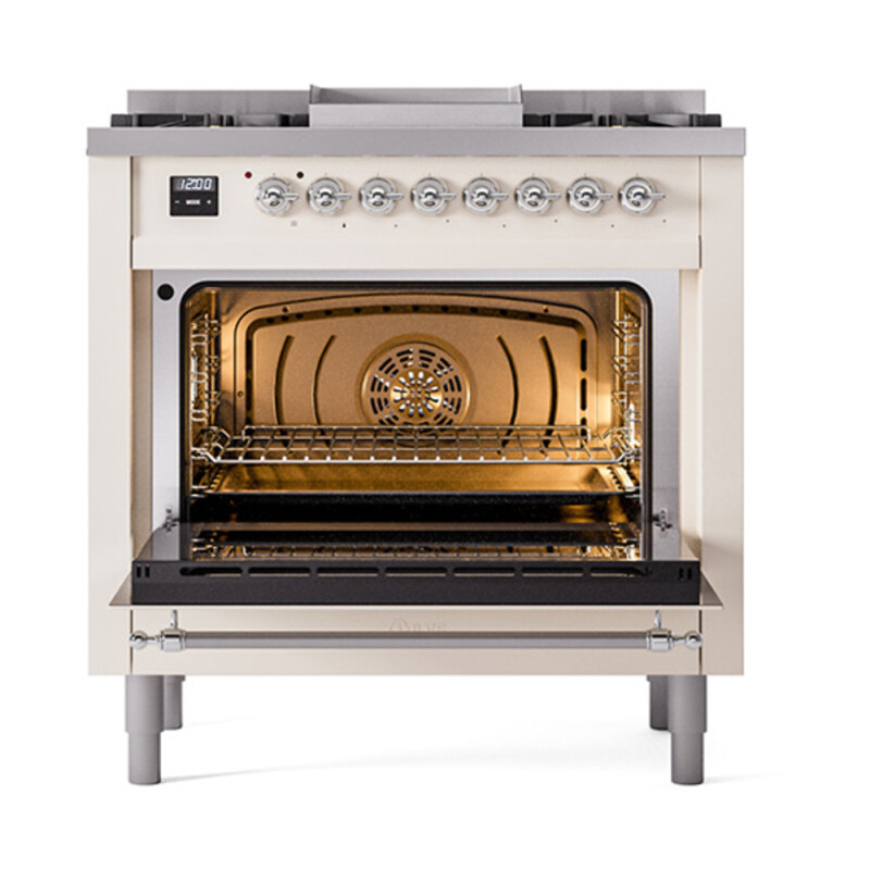 Nostalgie II Noblesse 36″ Dual Fuel Range (Natural Gas, Solid Door, Antique White, Chrome) UN36FQNMPAWC