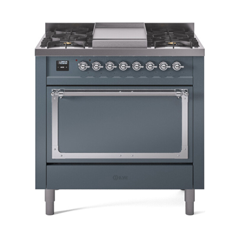 Nostalgie II Noblesse 36″ Dual Fuel Range (Natural Gas, Solid Door, Blue Grey, Chrome) UN36FQNMPBGC