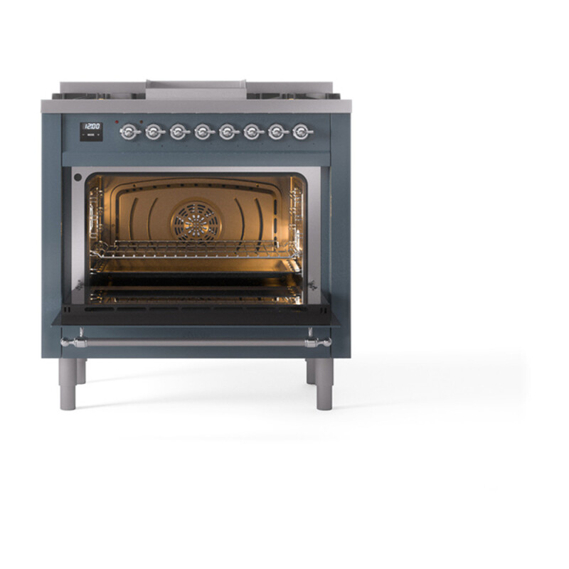 Nostalgie II Noblesse 36″ Dual Fuel Range (Natural Gas, Solid Door, Blue Grey, Chrome) UN36FQNMPBGC