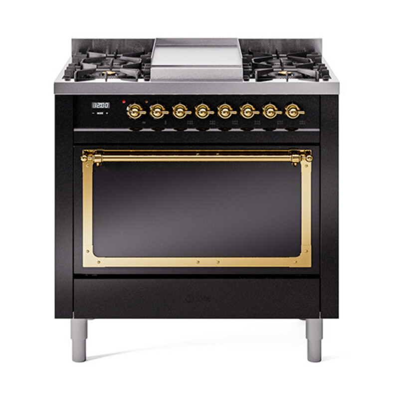 Nostalgie II Noblesse 36″ Dual Fuel Range (Natural Gas, Solid Door, Glossy Black, Brass) UN36FQNMPBKG