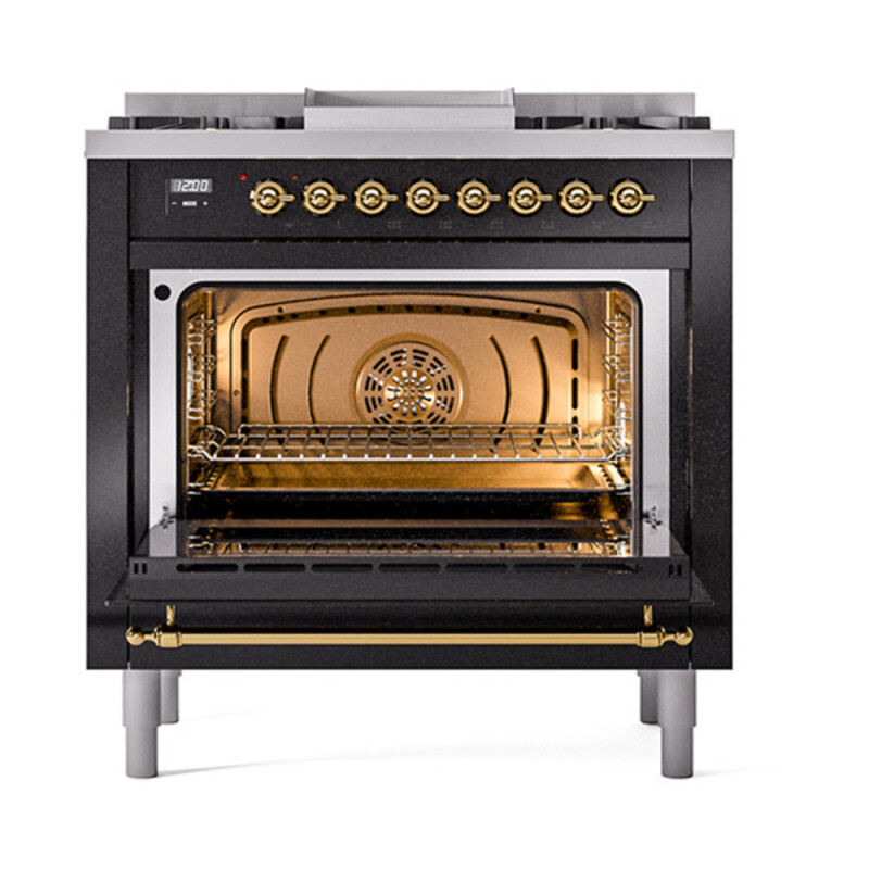 Nostalgie II Noblesse 36″ Dual Fuel Range (Natural Gas, Solid Door, Glossy Black, Brass) UN36FQNMPBKG