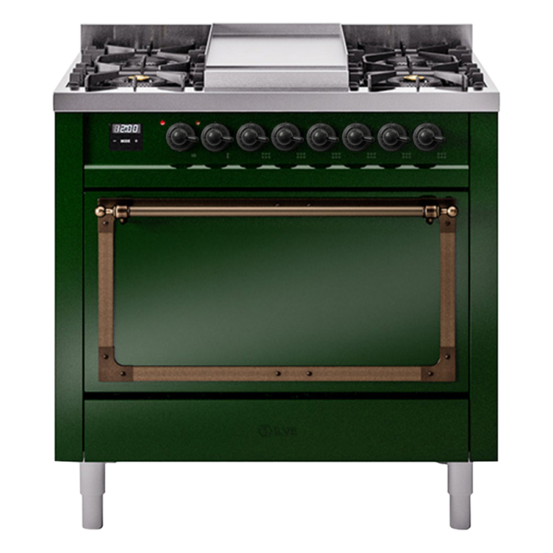 Nostalgie II Noblesse 36″ Dual Fuel Range (Liquid Propane, Solid Door, Emerald Green, Burnished) UN36FQNMPEGBLP