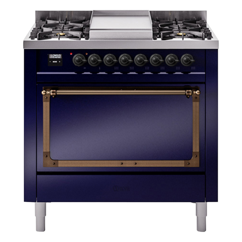 Nostalgie II Noblesse 36″ Dual Fuel Range (Natural Gas, Solid Door, Midnight Blue, Burnished) UN36FQNMPMBB