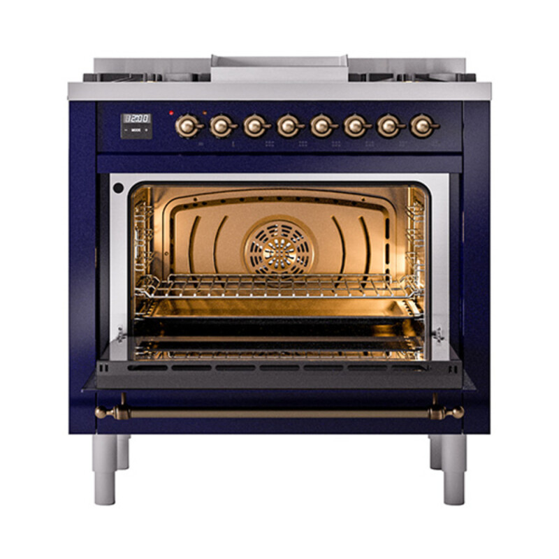 Nostalgie II Noblesse 36″ Dual Fuel Range (Natural Gas, Solid Door, Midnight Blue, Burnished) UN36FQNMPMBB