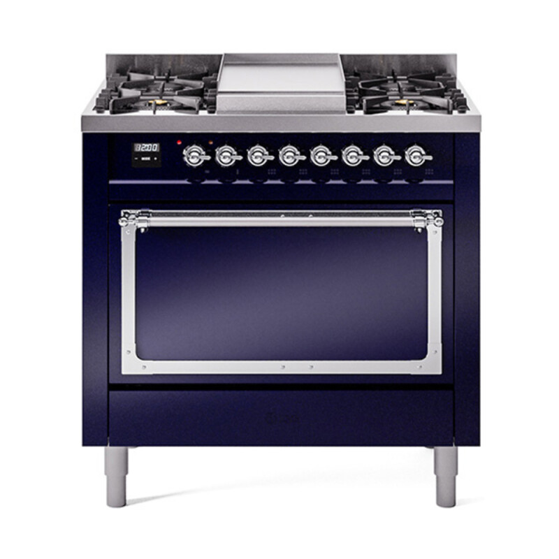 Nostalgie II Noblesse 36″ Dual Fuel Range (Natural Gas, Solid Door, Midnight Blue, Chrome) UN36FQNMPMBC