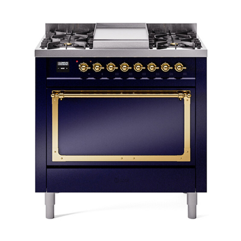 Nostalgie II Noblesse 36″ Dual Fuel Range (Natural Gas, Solid Door, Midnight Blue, Brass) UN36FQNMPMBG