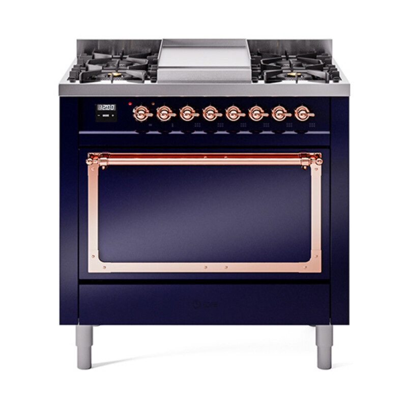 Nostalgie II Noblesse 36″ Dual Fuel Range (Natural Gas, Solid Door, Midnight Blue, Copper) UN36FQNMPMBP