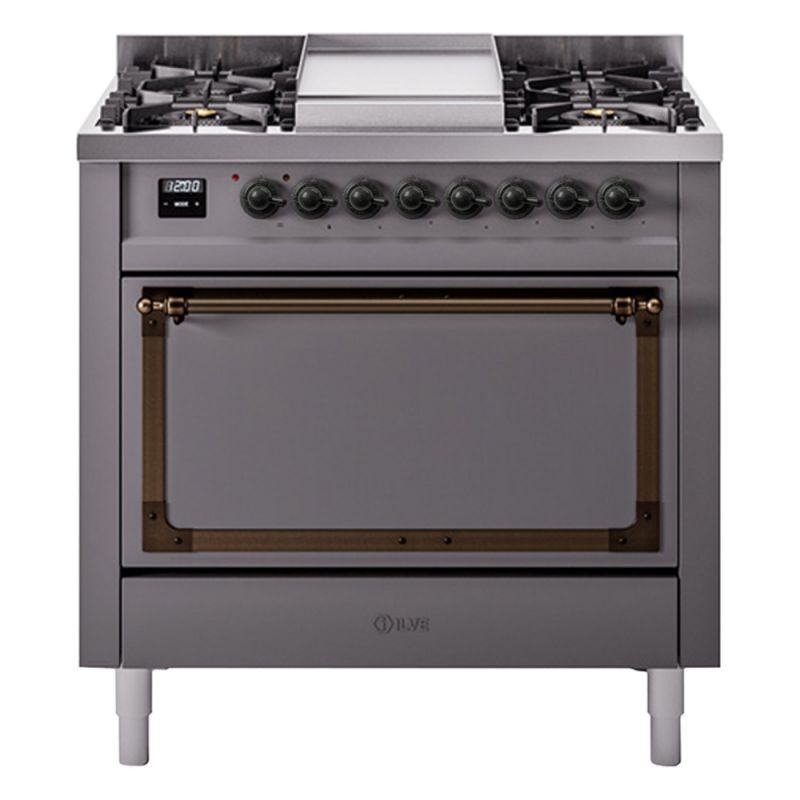 Nostalgie II Noblesse 36″ Dual Fuel Range (Natural Gas, Solid Door, Graphite Matte, Burnished) UN36FQNMPMGB
