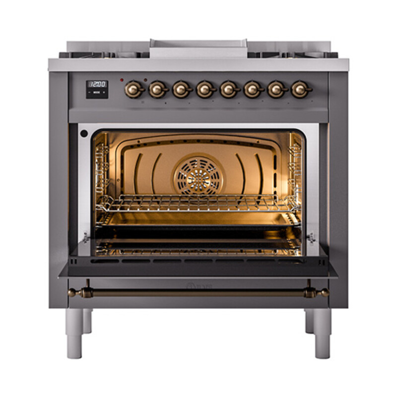 Nostalgie II Noblesse 36″ Dual Fuel Range (Natural Gas, Solid Door, Graphite Matte, Burnished) UN36FQNMPMGB