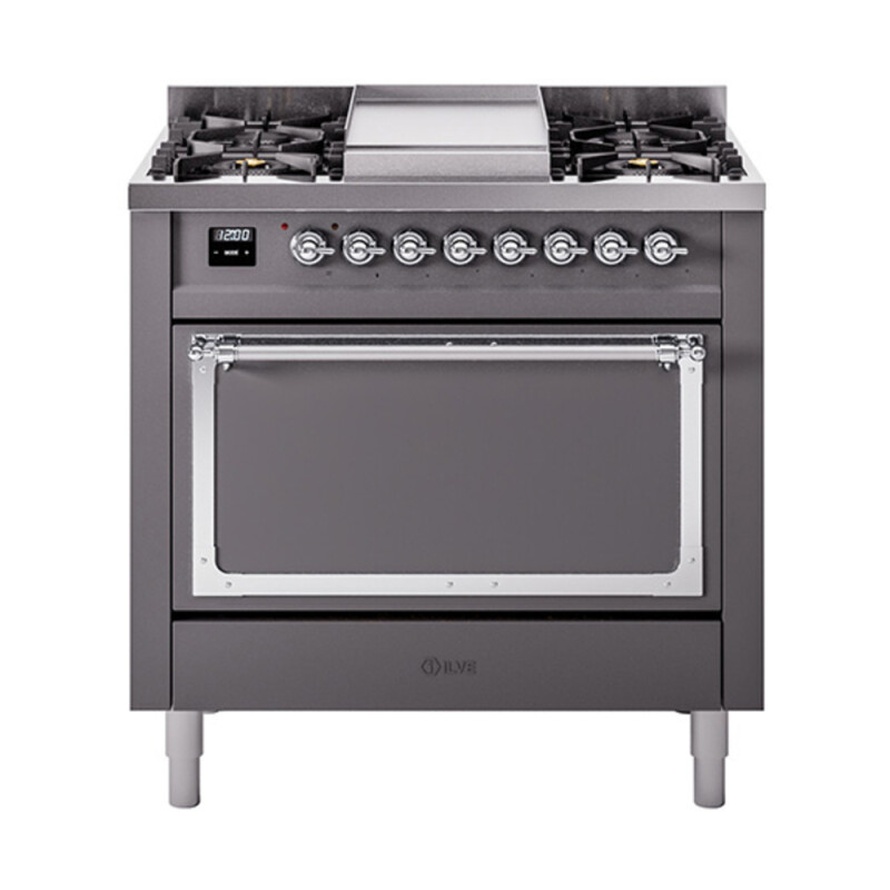 Nostalgie II Noblesse 36″ Dual Fuel Range (Natural Gas, Solid Door, Graphite Matte, Chrome) UN36FQNMPMGC