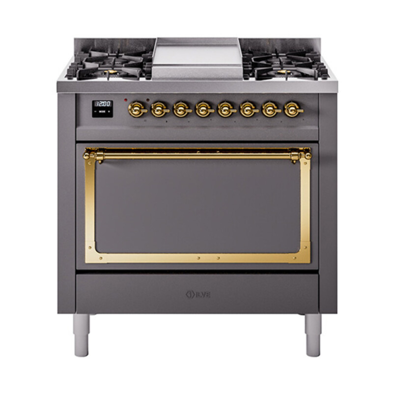 Nostalgie II Noblesse 36″ Dual Fuel Range (Natural Gas, Solid Door, Graphite Matte, Brass) UN36FQNMPMGG