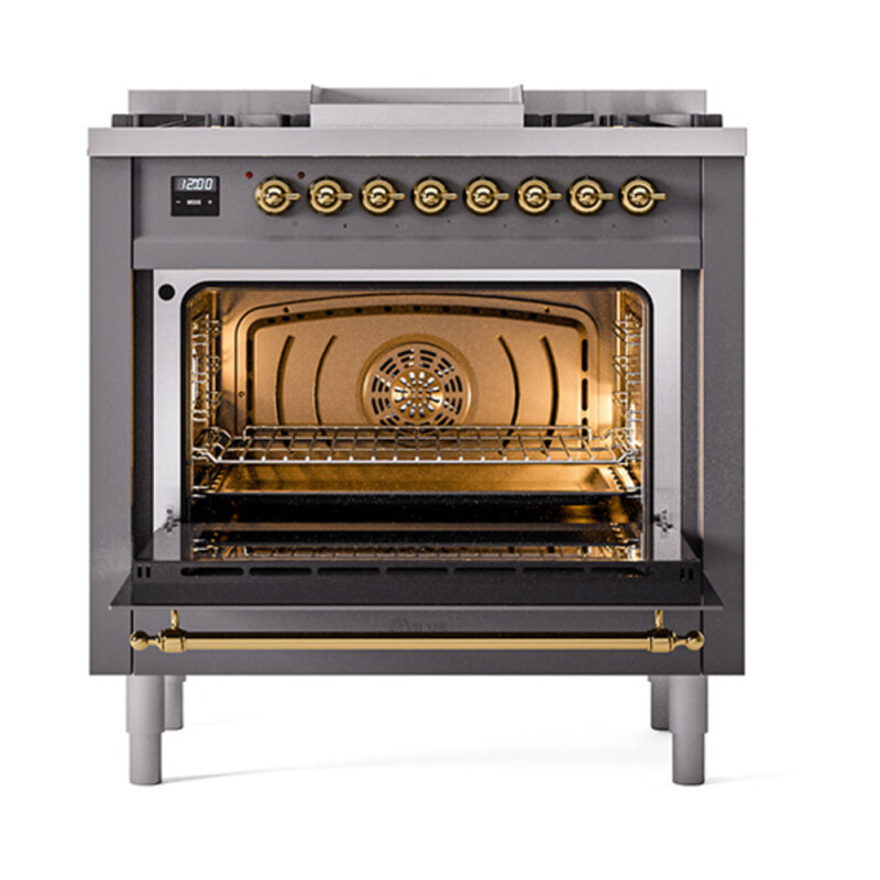 Nostalgie II Noblesse 36″ Dual Fuel Range (Natural Gas, Solid Door, Graphite Matte, Brass) UN36FQNMPMGG