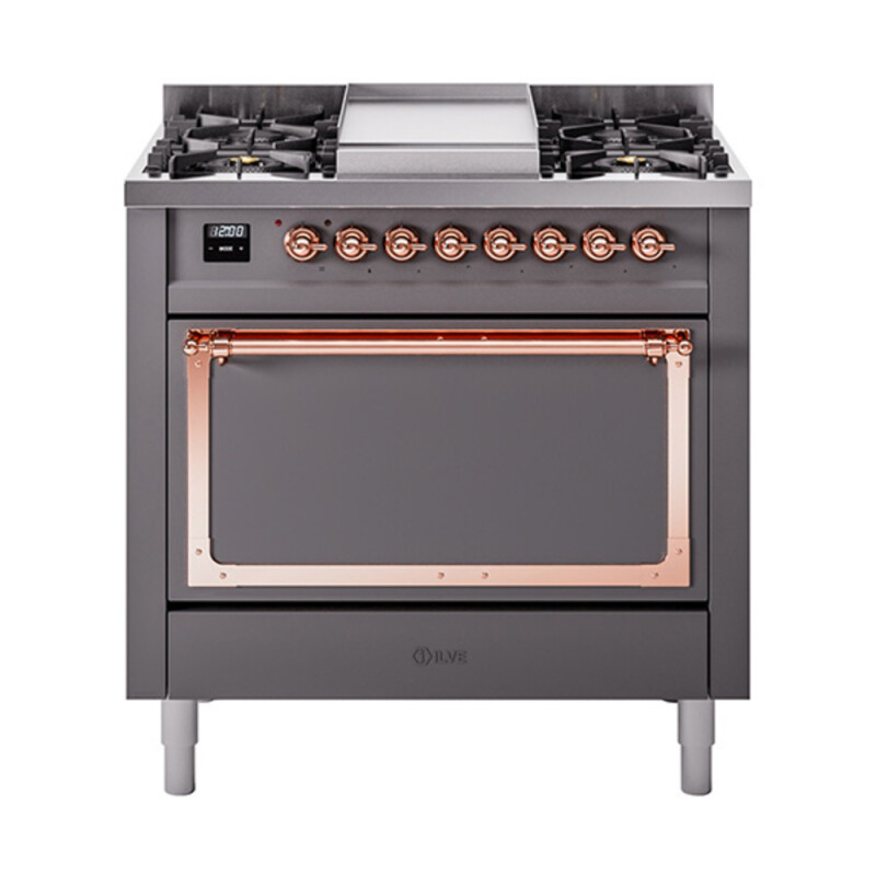 Nostalgie II Noblesse 36″ Dual Fuel Range (Natural Gas, Solid Door, Graphite Matte, Copper) UN36FQNMPMGP