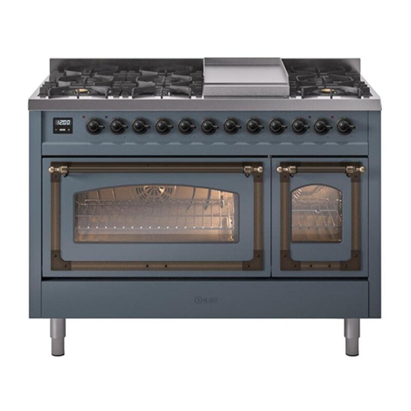 Nostalgie II Noblesse 48″ Dual Fuel Range (8 Sealed Burners + Griddle, Natural Gas, Triple Glass Door, Blue Grey, Burnished) UN48FNMPBGB