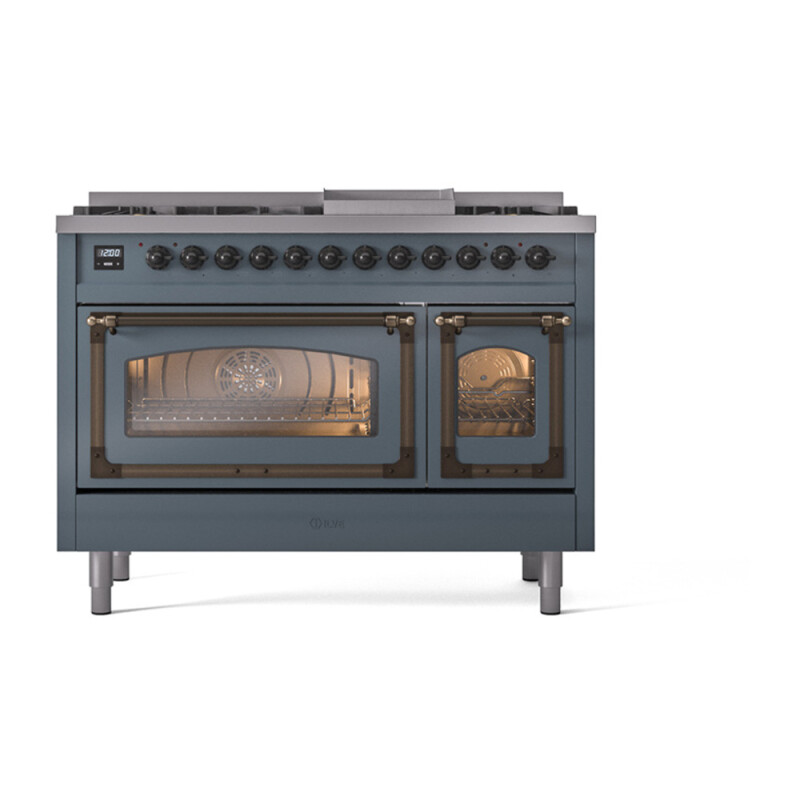 Nostalgie II Noblesse 48″ Dual Fuel Range (8 Sealed Burners + Griddle, Natural Gas, Triple Glass Door, Blue Grey, Burnished) UN48FNMPBGB