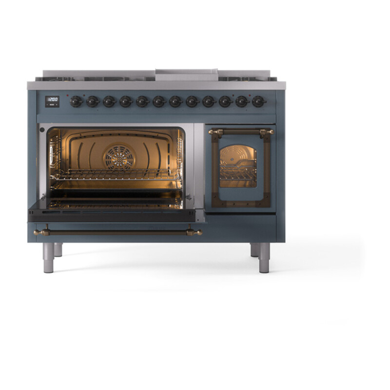 Nostalgie II Noblesse 48″ Dual Fuel Range (8 Sealed Burners + Griddle, Natural Gas, Triple Glass Door, Blue Grey, Burnished) UN48FNMPBGB